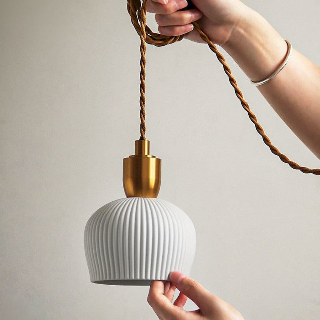 Retro Pleated Ceramic Brass Cocoon Pendant Lamp | Kalsten