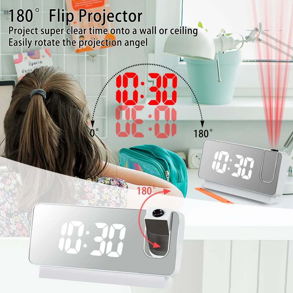 Kalsten | Projection Alarm Clock | LED Display with Mirror Surface | Dual Alarms & Temperature | 19cm