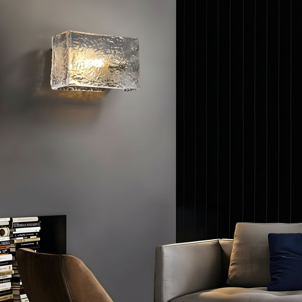 LED Wall Sconce Light – Modern Rectangular Brass Ripple Glass (20x15cm / 7.9x5.9in) | Kalsten