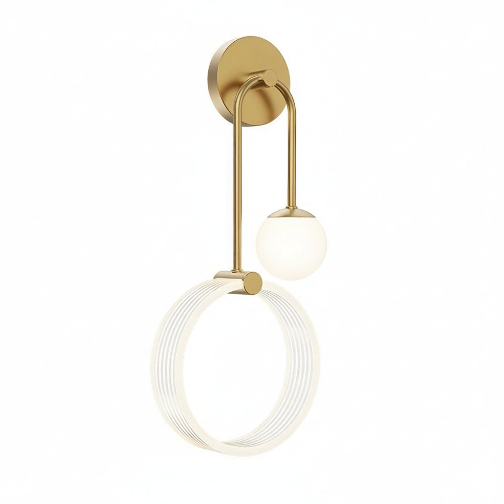 LED Wall Sconce Light – Modern 2-Light Gold Acrylic Ring Frosted Globe (45x23cm / 17.7x9.1in) | Kalsten