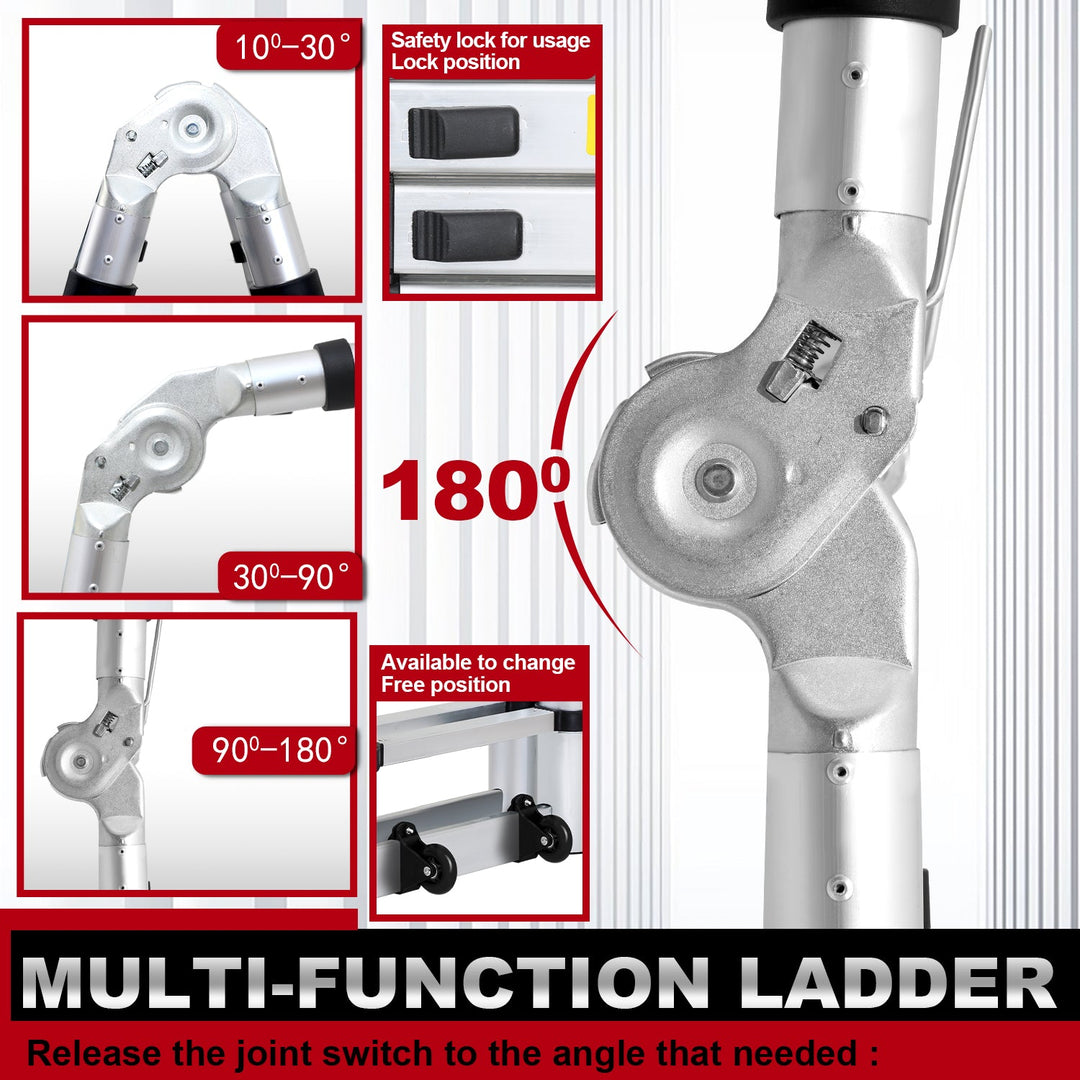 5M Aluminum Telescopic Ladder Folding Ladder with Wheels and Triangle Stabilizer | Kalsten