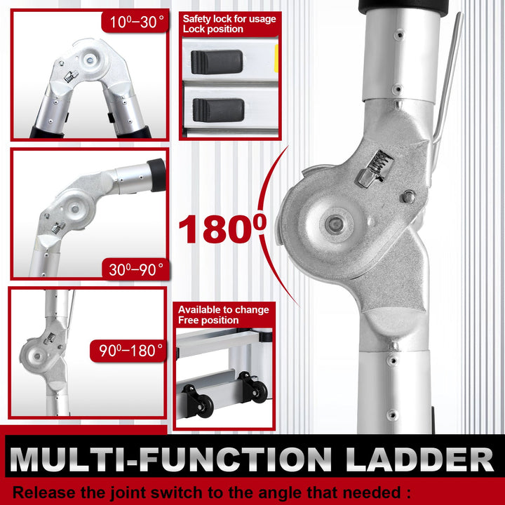 5M Aluminum Telescopic Ladder Folding Ladder with Wheels and Triangle Stabilizer | Kalsten