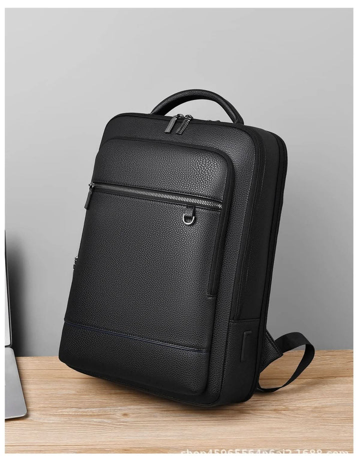Kalsten | Elegant leather rucksack for men/women with USB port for laptop and everyday use, 15.6 inch, black