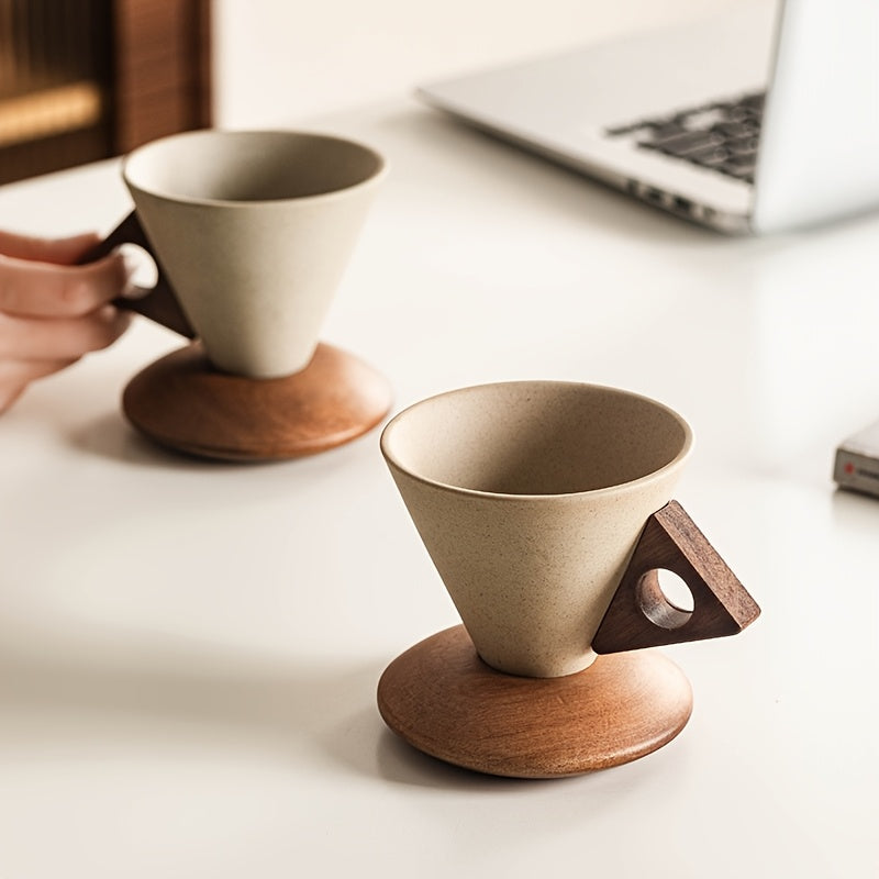 BaristaLuxe Ceramic Coffee Cup 250ml – Handmade with Wooden Handle and Coaster | Kalsten