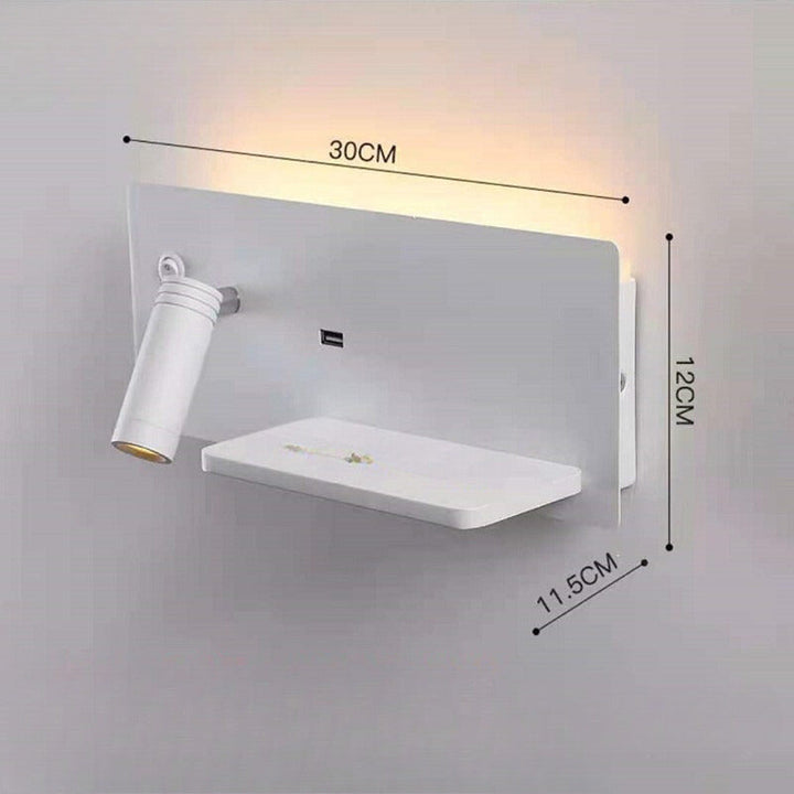 Modern LED wall lamp with USB connection, wall lamp with shelf for bedroom & office | Kalsten