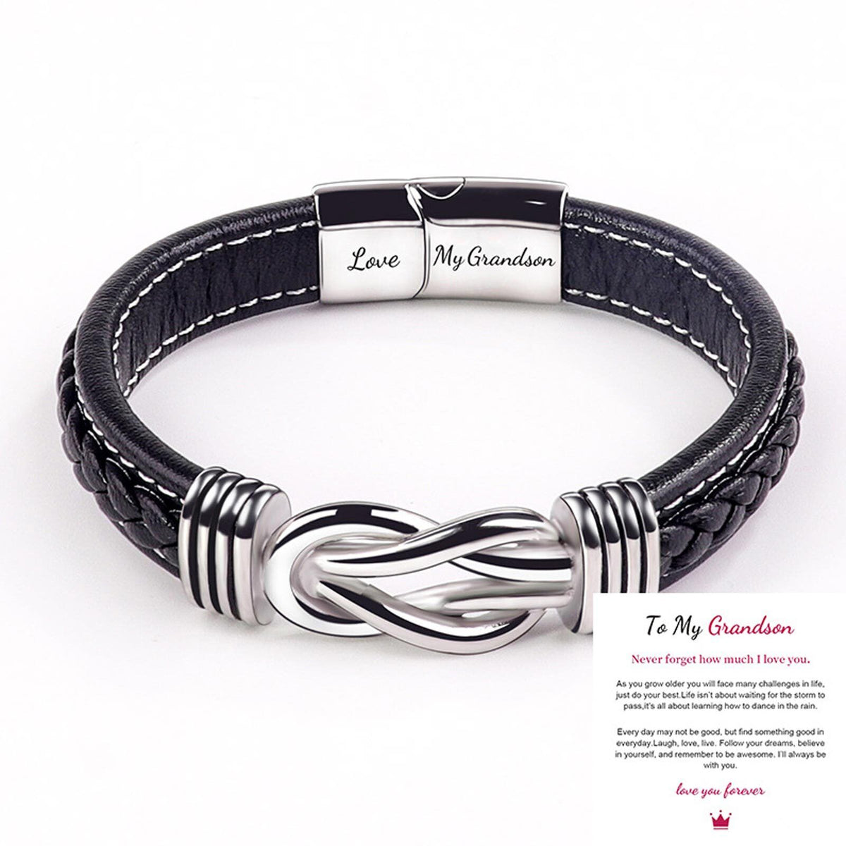 Braided Leather Knot Bracelet For Grandson From Grandmother Love Forever Bowlift