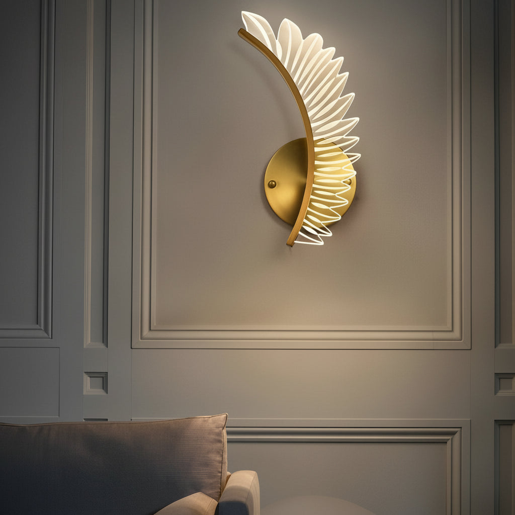 LED Wall Sconce Light – Modern Acrylic Feather Copper Leaf (40x15cm / 15.7x5.9in) | Kalsten