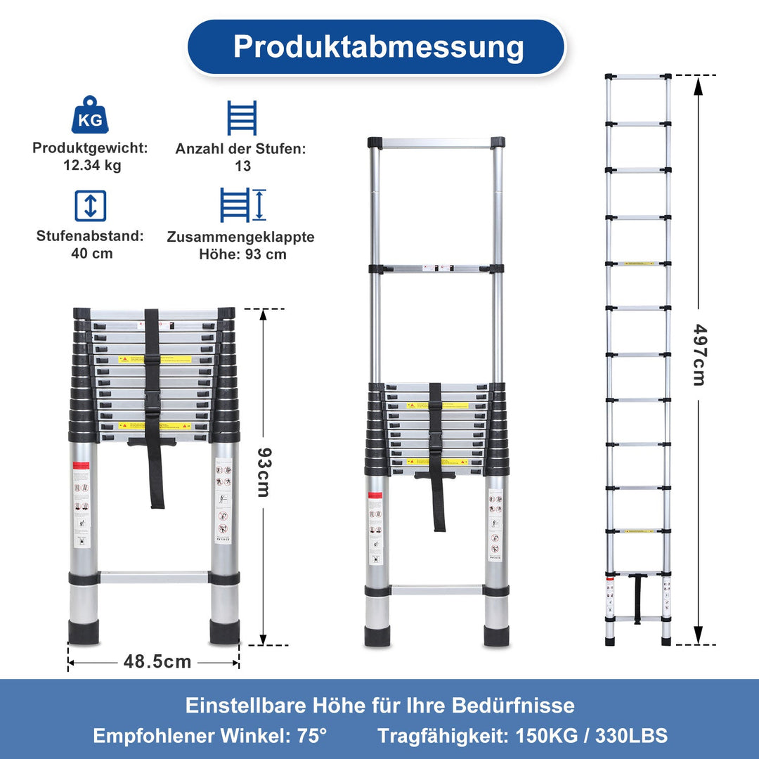 Telescopic Ladder Aluminum Load capacity up to 150kg 2.6m-5m | Kalsten