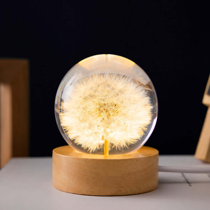 LED Night Light Flower Crystal Ball Children Night Lamp With Woodern Base Bedroom Ambient Light Creative Gift Night Light | Kalsten