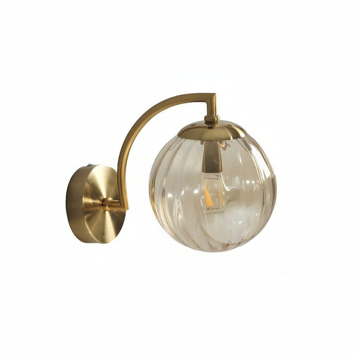 LED Wall Sconce Light – Modern Curved Arm Ribbed Glass Globe (26x15cm / 10.2x5.9in) | Kalsten