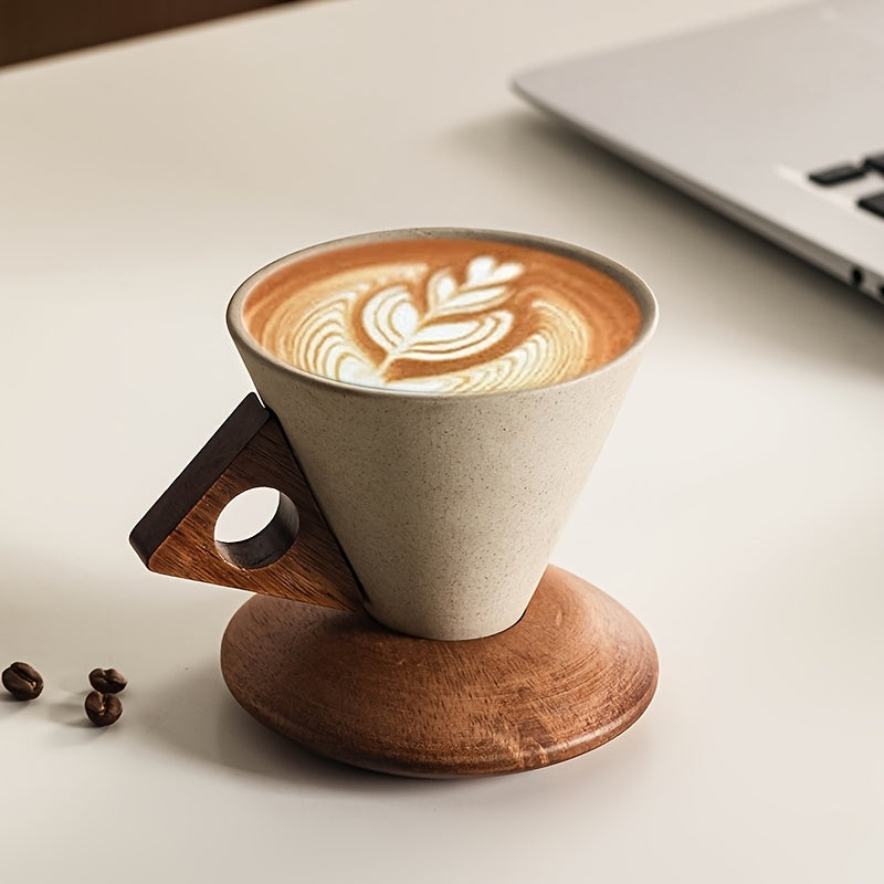 BaristaLuxe Ceramic Coffee Cup 250ml – Handmade with Wooden Handle and Coaster | Kalsten