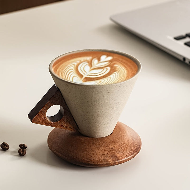 BaristaLuxe Ceramic Coffee Cup 250ml – Handmade with Wooden Handle and Coaster | Kalsten