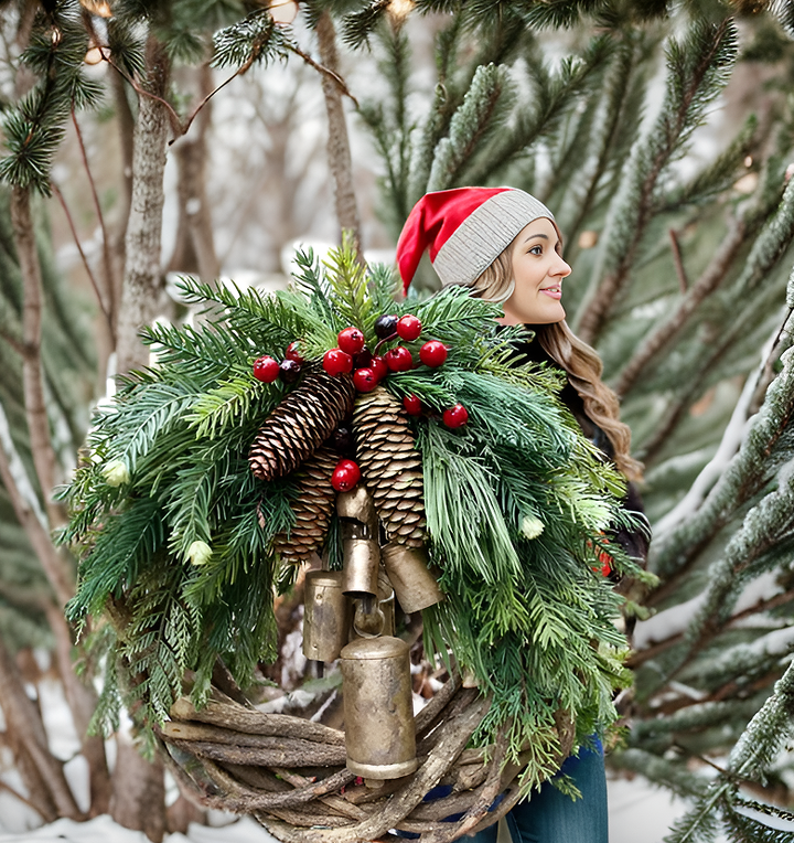 Kalsten | Christmas Wreath | Boho Style | Rustic Vine Base with Pinecones & Golden Bells