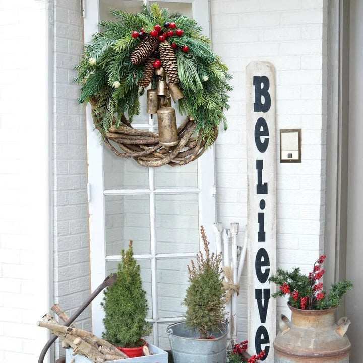 Kalsten | Christmas Wreath | Boho Style | Rustic Vine Base with Pinecones & Golden Bells