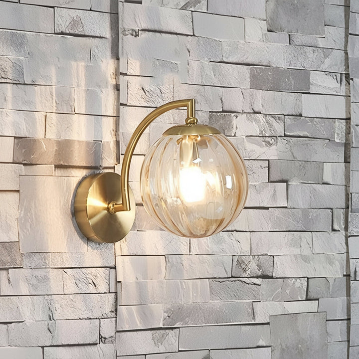 LED Wall Sconce Light – Modern Curved Arm Ribbed Glass Globe (26x15cm / 10.2x5.9in) | Kalsten