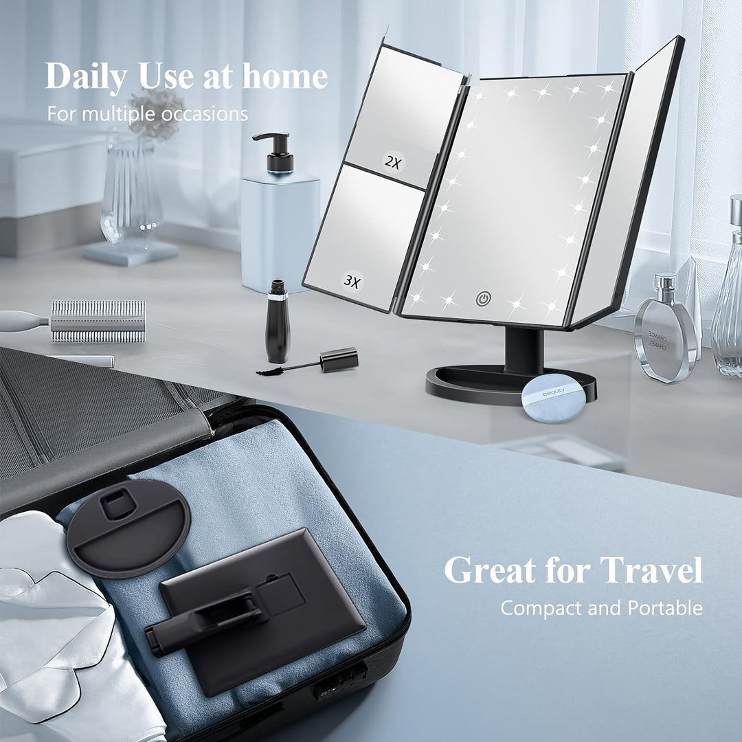 GlowMirror – Foldable LED Makeup Mirror with 3x/2x Magnification | Kalsten