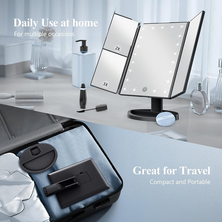 GlowMirror – Foldable LED Makeup Mirror with 3x/2x Magnification | Kalsten