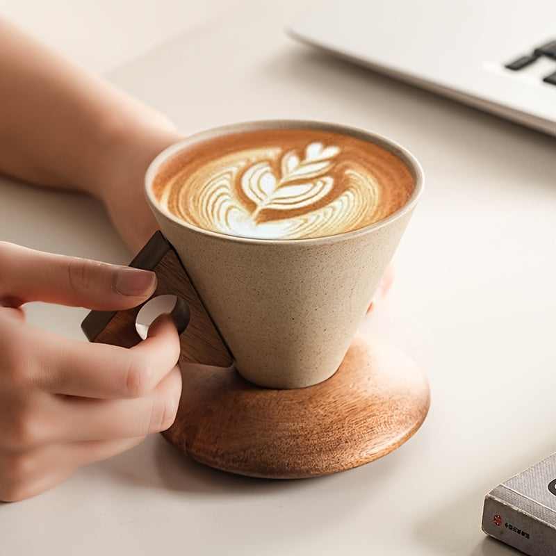 BaristaLuxe Ceramic Coffee Cup 250ml – Handmade with Wooden Handle and Coaster | Kalsten