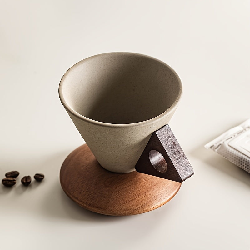 BaristaLuxe Ceramic Coffee Cup 250ml – Handmade with Wooden Handle and Coaster | Kalsten