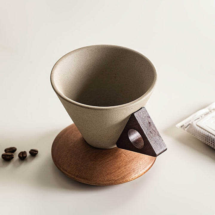 BaristaLuxe Ceramic Coffee Cup 250ml – Handmade with Wooden Handle and Coaster | Kalsten