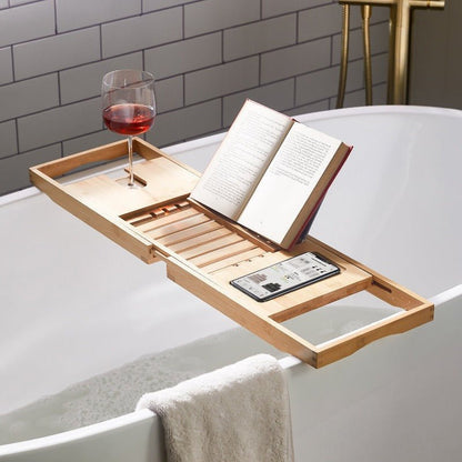 Skanto | Aurevo Bamboo Bathtub Caddy | Expandable Luxury Bathtub Tray with Wine Glass and Book Holder