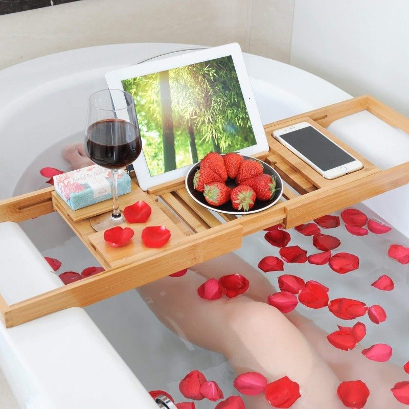 Skanto | Aurevo Bamboo Bathtub Caddy | Expandable Luxury Bathtub Tray with Wine Glass and Book Holder