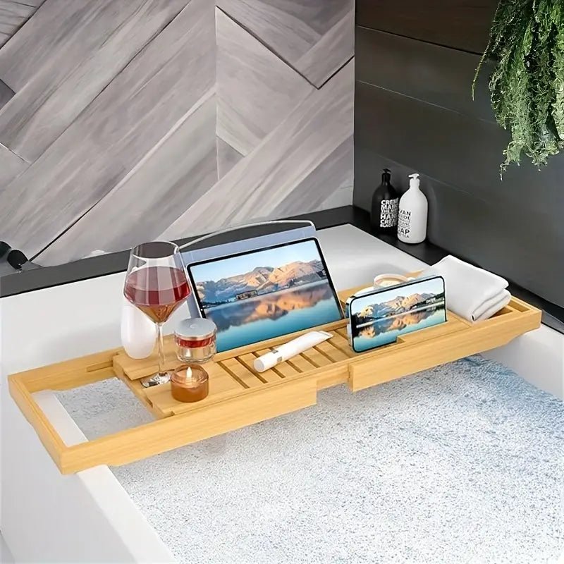 Skanto | Aurevo Bamboo Bathtub Caddy | Expandable Luxury Bathtub Tray with Wine Glass and Book Holder