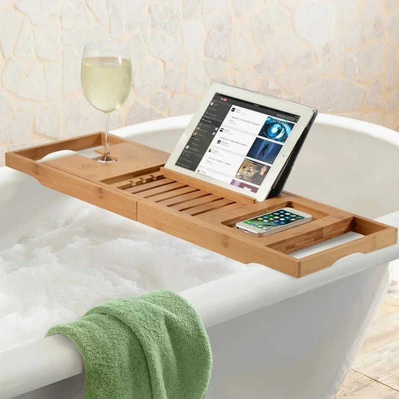 Kalsten | Aurevo Bamboo Bath Caddy | Extendable luxury bathtub tray with wine glass & book holder