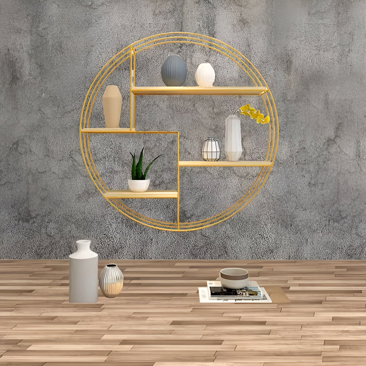 Round Wall Shelf with 4 Tiers – Retro Design made of Wood & Metal | Decorative Hanging Shelf for Living Room, Bathroom & Bedroom | Karnz