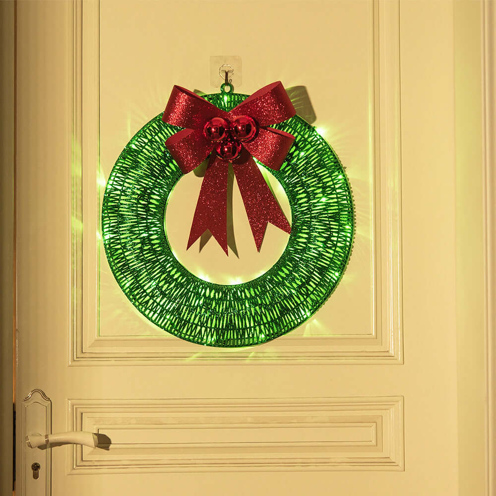 Christmas Garland 50CM Luminous LED Warm Light Metal Luminous Wreath With Big Bowknot Christmas Front Door Home Holiday Party Door Hanging Decor | Kalsten