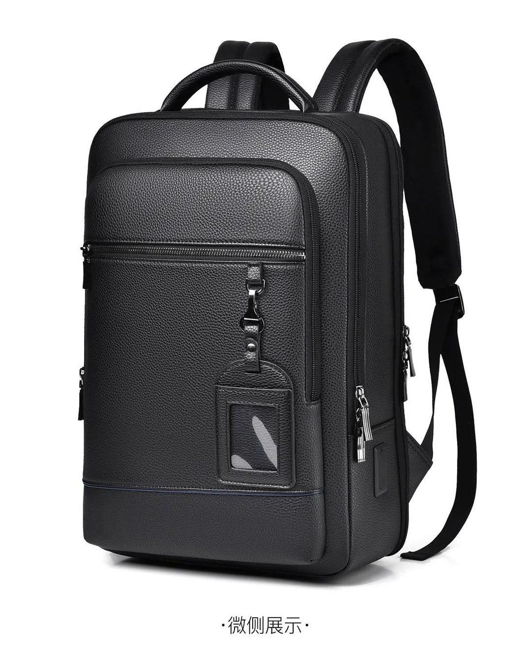 Kalsten | Elegant leather rucksack for men/women with USB port for laptop and everyday use, 15.6 inch, black
