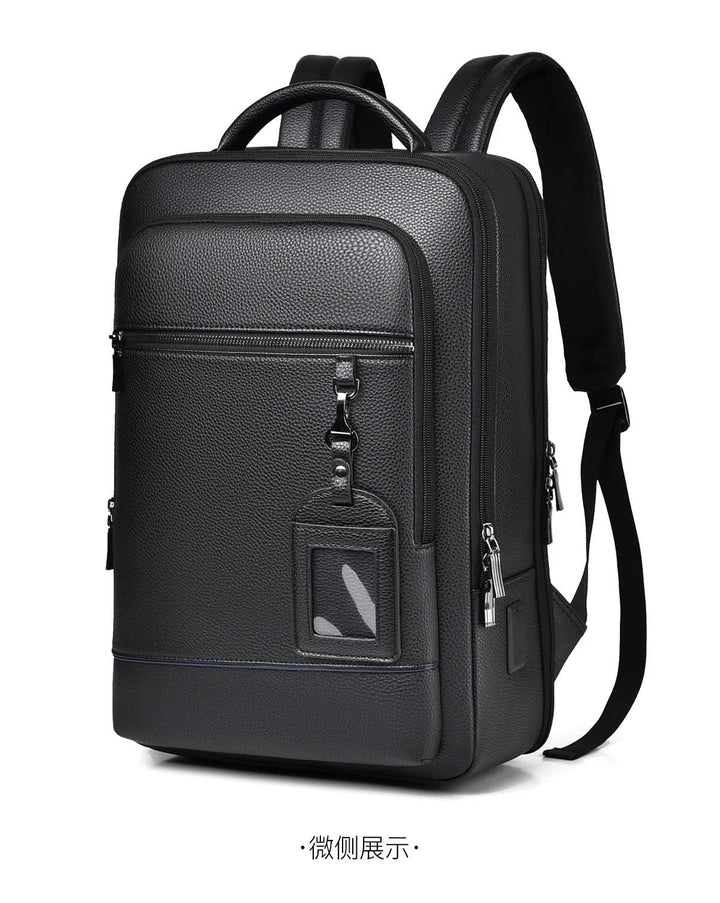 Kalsten | Elegant leather rucksack for men/women with USB port for laptop and everyday use, 15.6 inch, black