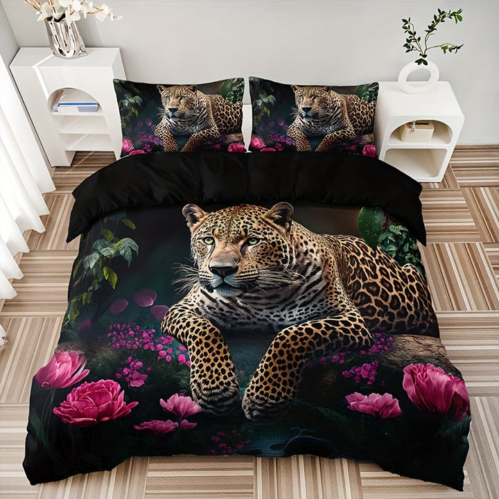 Luxurious Animal Print Bedding Set with Rose Pattern - 3-piece Kalsten
