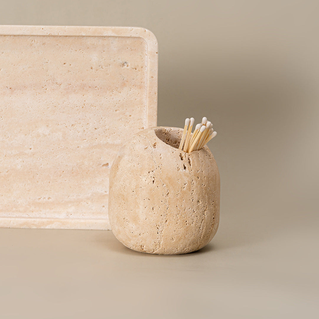 Kalsten | Beige Travertine Stone Match Holder and Toothpick Jar