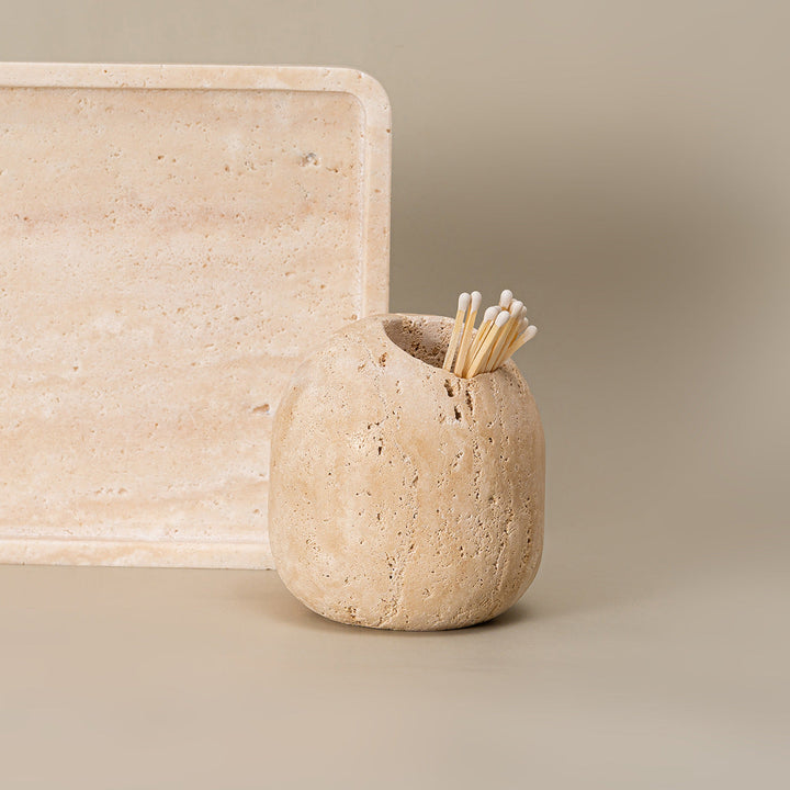 Kalsten | Beige Travertine Stone Match Holder and Toothpick Jar