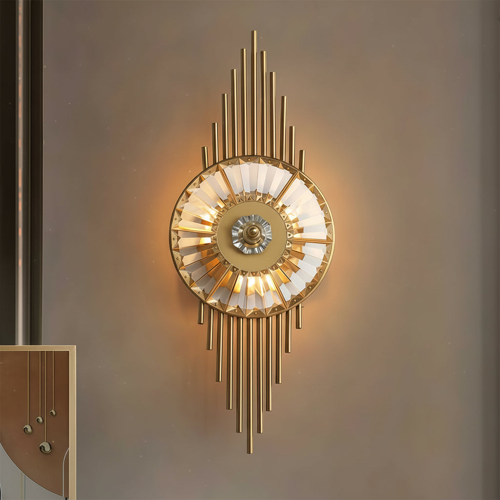 LED Wall Sconce Light – Art Deco Sunburst Crystal Brass (65x25cm / 25.6x10in) | Kalsten