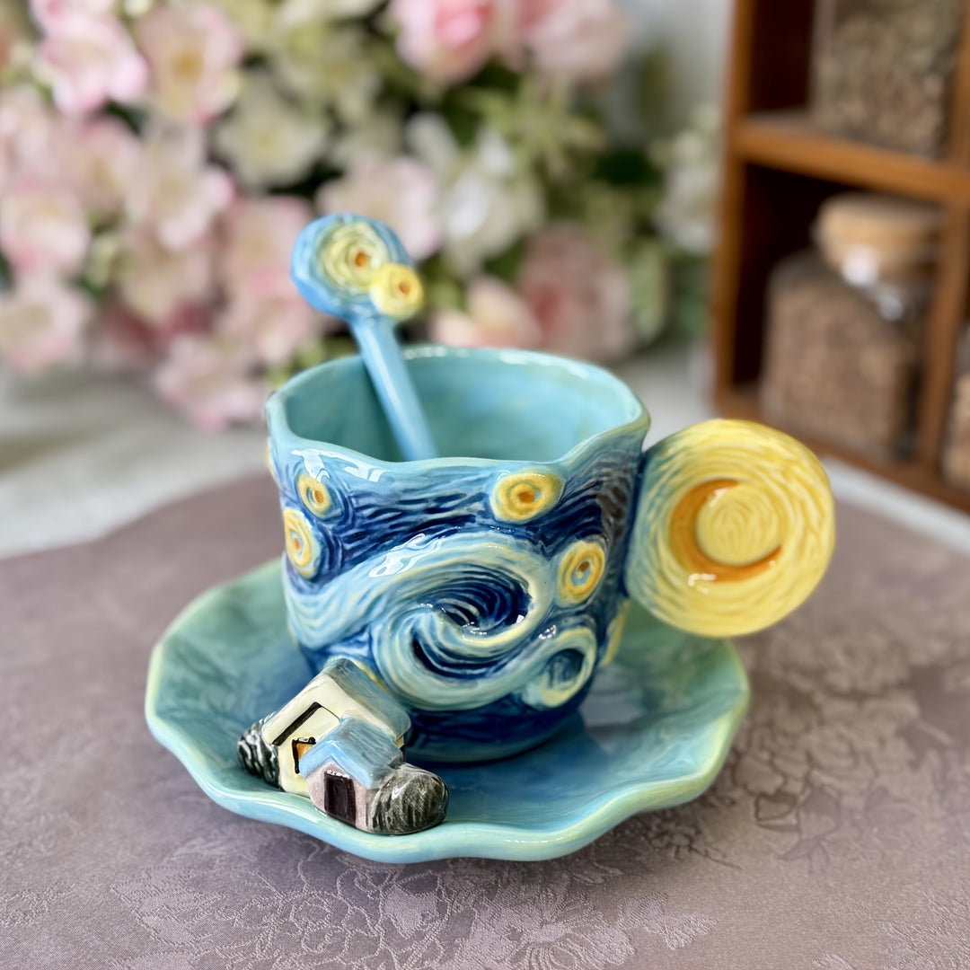 ArtSip Ceramic Cup & Saucer Set – Hand-painted 3D Design inspired by Van Gogh | Kalsten