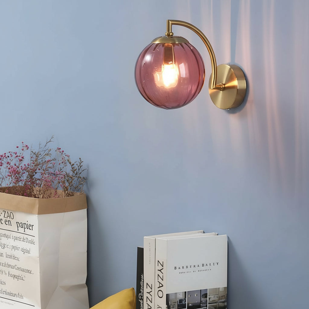 LED Wall Sconce Light – Modern Curved Arm Ribbed Glass Globe (26x15cm / 10.2x5.9in) | Kalsten
