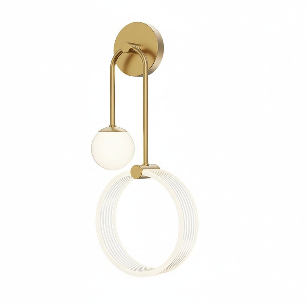 LED Wall Sconce Light – Modern 2-Light Gold Acrylic Ring Frosted Globe (45x23cm / 17.7x9.1in) | Kalsten