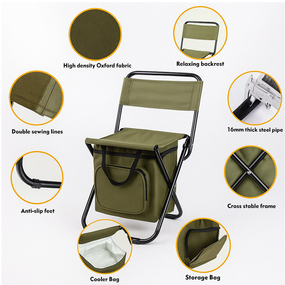 Folding Camping Chair with Backrest and Cooler Bag – Green | Kalsten