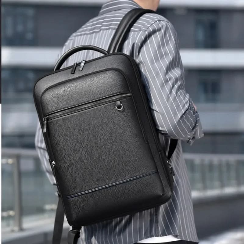 Kalsten | Elegant leather rucksack for men/women with USB port for laptop and everyday use, 15.6 inch, black