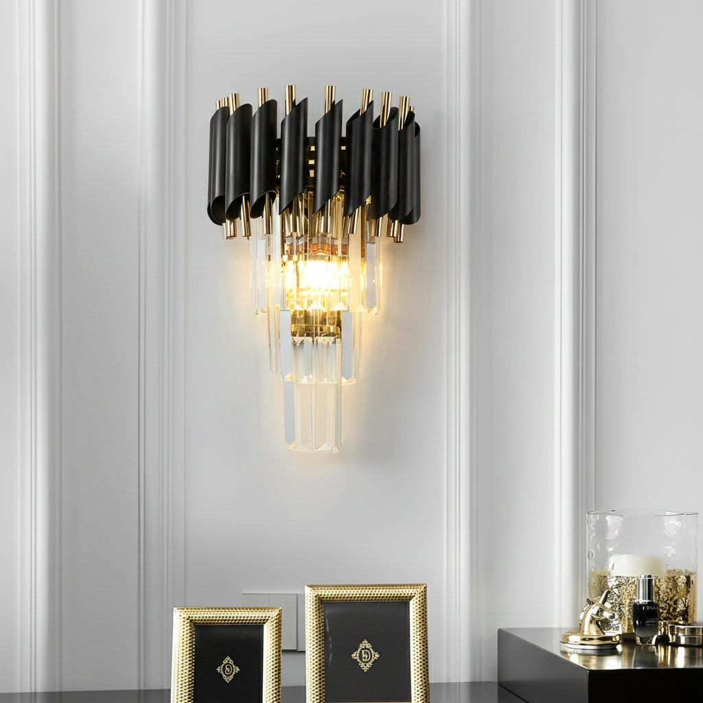 LED Wall Sconce Light – Modern Postmodern Crystal Gold Black (35x25cm / 14x10in) | Kalsten
