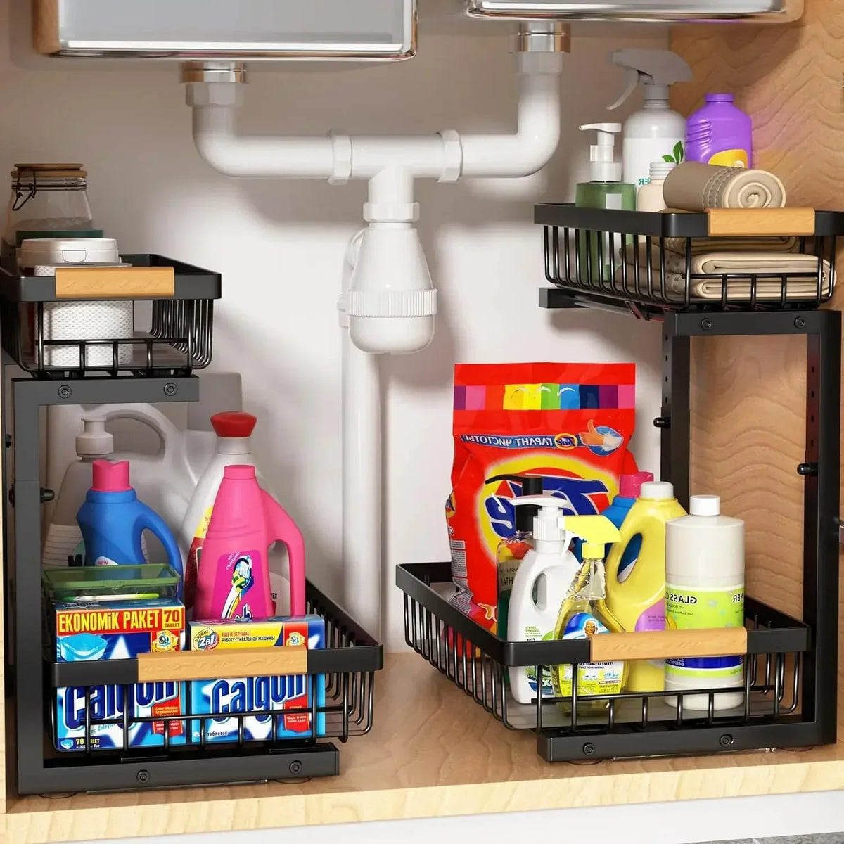Skanto | Curcura – Heavy-Duty Adjustable Steel Cart for Under the Sink for Kitchen and Bathroom