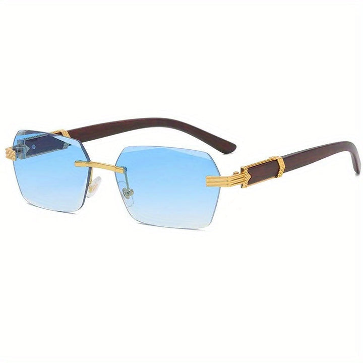 Rimless Sunglasses with Rectangular Lenses and Faux Wood Temples – Verro | Kalsten