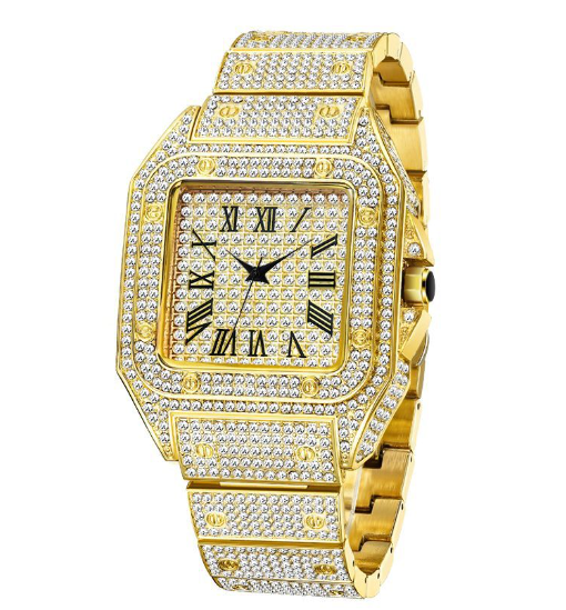Karnz | MISSFOX Ice Out Square Men's Watch | 18K Gold Nano-Vacuum Plating | Swiss Quartz Movement | Fully Set with Lab Diamonds | Stainless Steel Case | Water Resistant 3 ATM