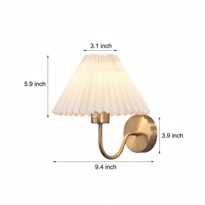LED Wall Sconce Light – Vintage Metallic Armed Pleated Fabric Shade (36x14cm / 14.2x5.5in) | Kalsten
