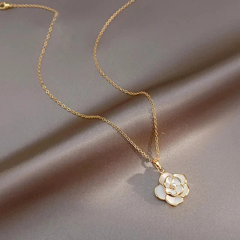 Kalsten | Dainty Blanc Camellia Floral Necklace, Earrings, Ring Jewelry