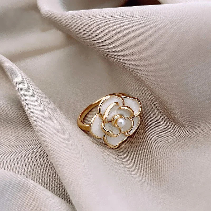 Kalsten | Dainty Blanc Camellia Floral Necklace, Earrings, Ring Jewelry