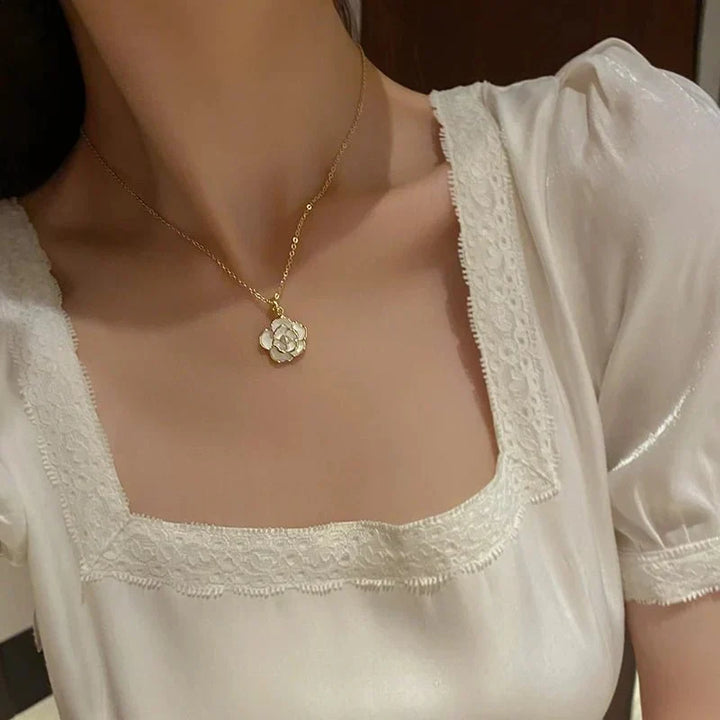 Kalsten | Dainty Blanc Camellia Floral Necklace, Earrings, Ring Jewelry