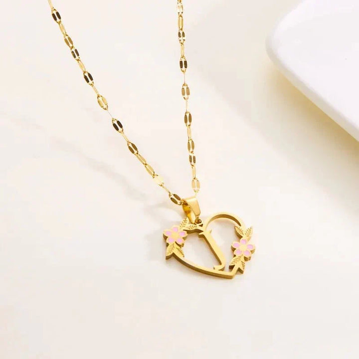 Kalsten | Dainty Floral Accented Heart Letter Initial Necklace